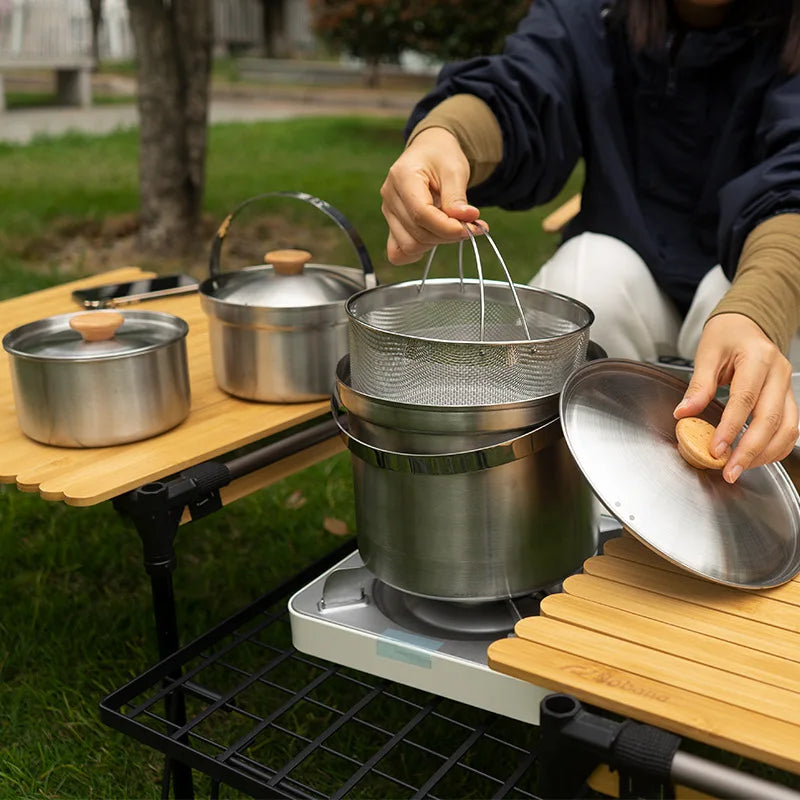NOBANA Newest Outdoor Stainless Steel Pot Set Camping Family Pot Set 5L Portable Picnic Soup Pot Frying Steaming Household Pot-EXPROTAS