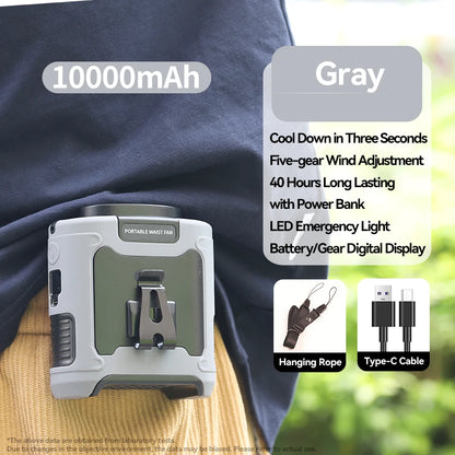 20000mAh Outdoor Portable Waist Fan Hanging Neck Fan Strong Wind with Power Bank LED Lighting for Sports Courier Outdoor Working-EXPROTAS
