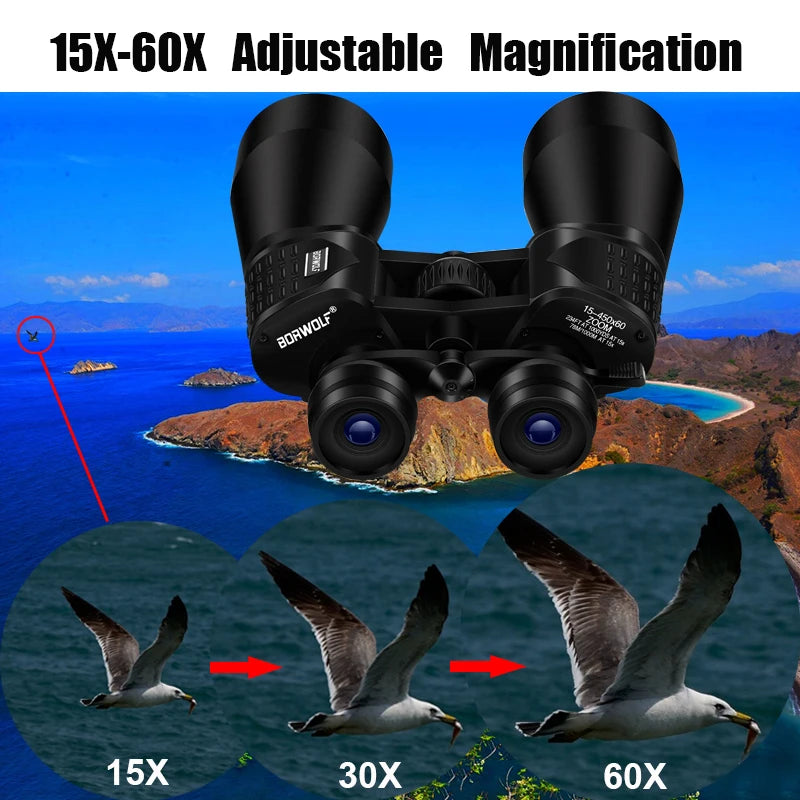 HD Light Binoculars 15-450X60 Night Vision Zoom for Hunting Bird Watching