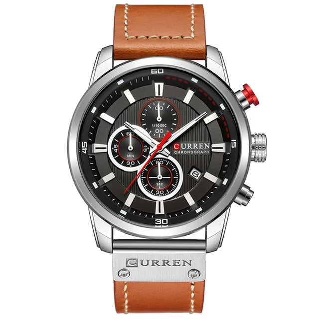 Curren Mens Watch Waterproof Quartz Chronograph Leather Strap 8291