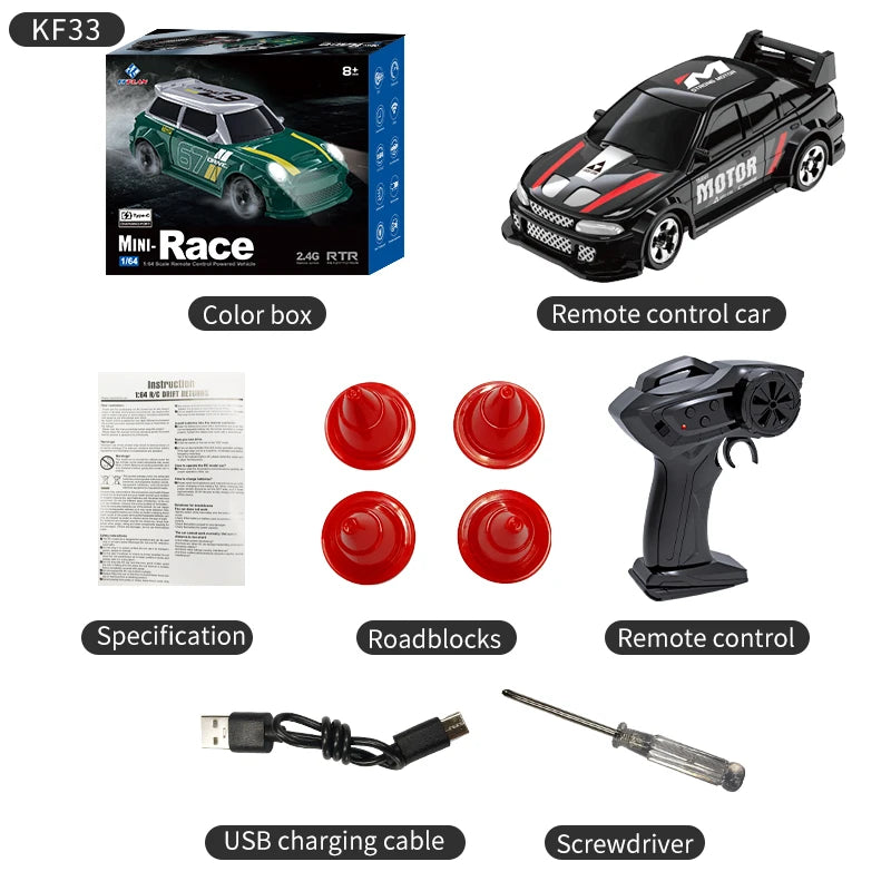 RC Drift Car 1:64 Remote Control Racing Toy 4WD LED Lights