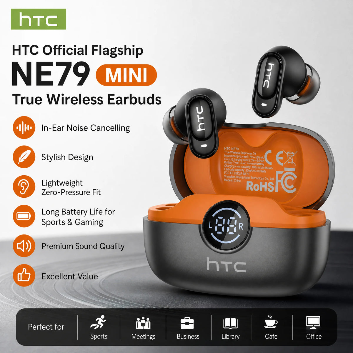 HTC NE79 Wireless Bluetooth Earbuds TWS 6.0 AI Translation 135 Languages Black
