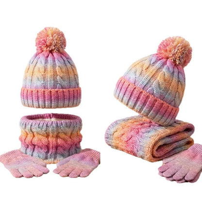 Kids Winter Hat Scarf Gloves 3Pcs Set Warm Knitted Beanie Pom