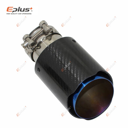 Universal Glossy Carbon Fiber Exhaust Tip Stainless Blue Straight Muffler