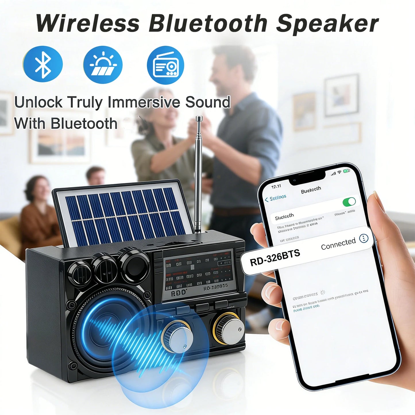 Portable Bluetooth Speaker Solar FM AM SW Radio Rechargeable Player